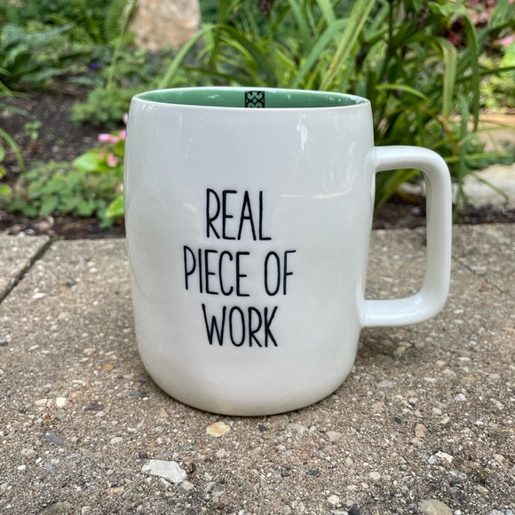 MARY SQUARE NWT ceramic mug “real piece of work” green interior black embossed - Picture 2 of 7